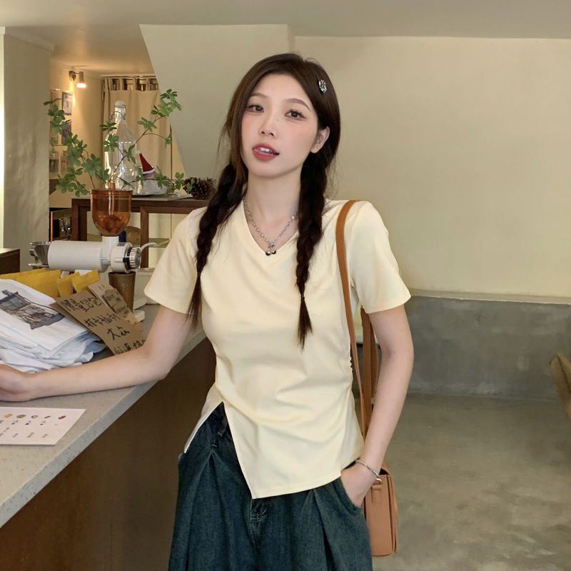 Summer Asymmetrical Slit Slimming Look Short-Sleeved T-Shirt Women's Tops Fat mm Large Size Pure Cotton Versatile Half-Sleeved T-Shirt 100kg