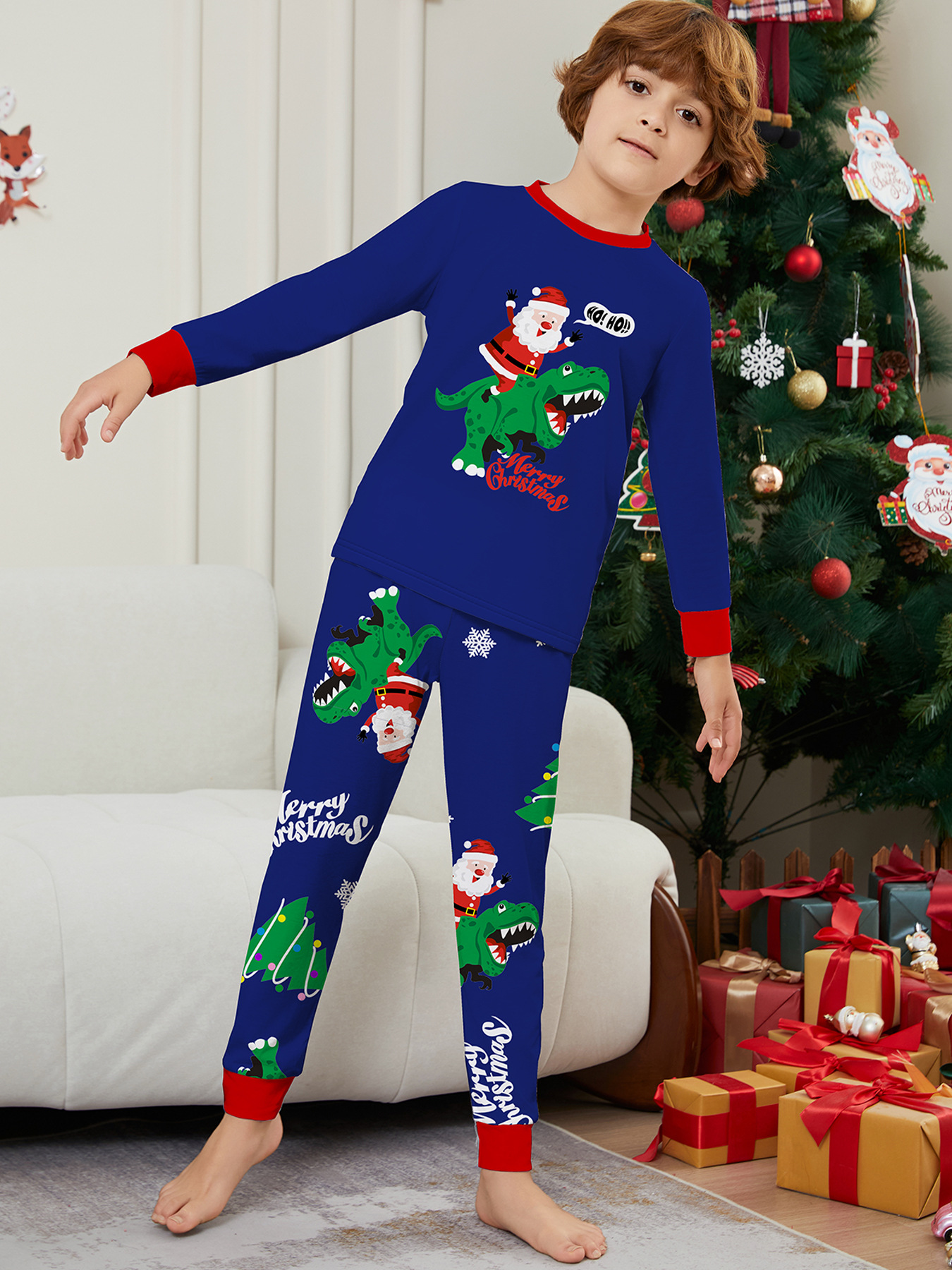 Božićna kućna odjeća Obiteljska odjeća Zelena pidžama s printom dinosaura Djeda Mraza Plavo odijelo_voghion.com