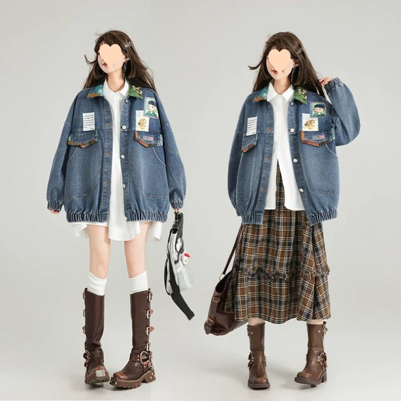 レトロデニムジャケット女性 2025 秋フレンチスタイル文学ジャカードリボン装飾ジャケットトップ春秋|undefined