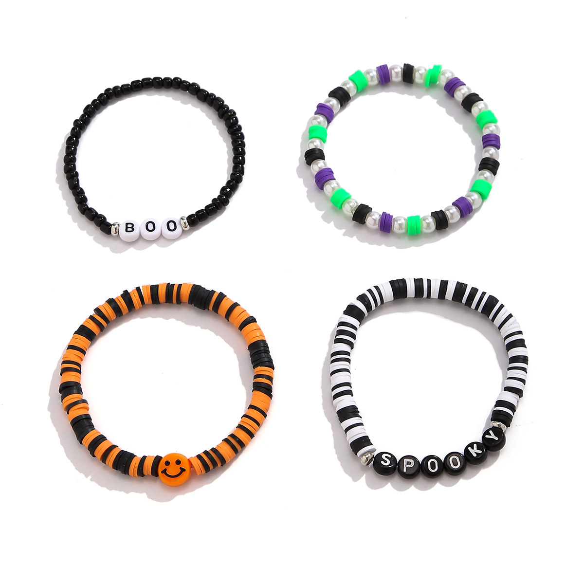 Bracelet de citrouille en perles d'Halloween, ensemble de bijoux de vacances en poterie souple, bracelet en dopamine élastique_voghion.com