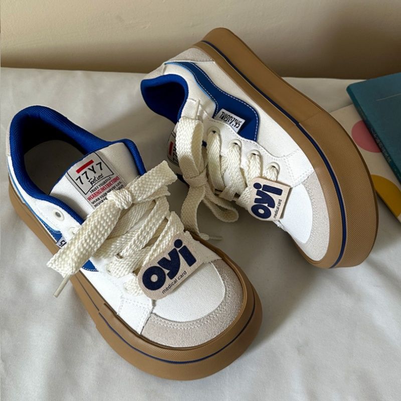 原创小众韩版大头帆布鞋女2025春季新款学生板鞋子厚底百搭小白鞋