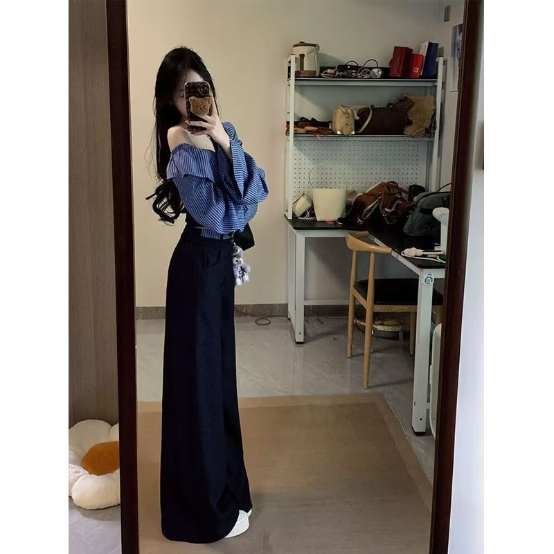 一字肩拼接上衣女装2025新款超好看韩版收腰宽松显瘦休闲裤两件套|undefined