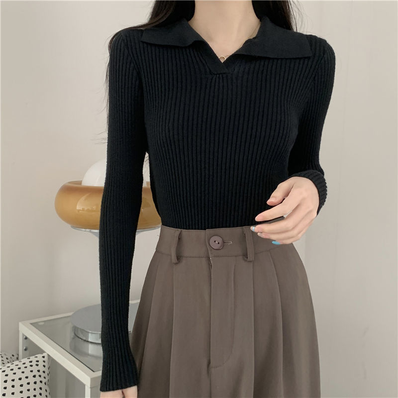 黑色polo领针织衫2025入秋上衣女辣妹显瘦内搭别致短款打底衫跨境|undefined
