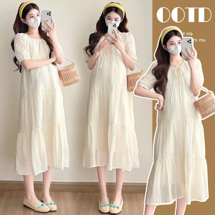 Real shot maternity dress summer 2025 new lace jacquard embroidery long temperament pregnant women dress
