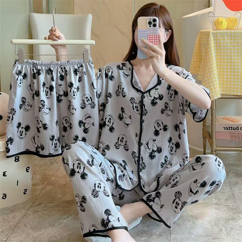 Pijamas de algodón de nube Cárdigan de tres piezas de verano para mujer Pantalones cortos de manga corta Pantalones cortos Dulce transmisión en vivo Paquete de servicio a domicilio Orden exterior
