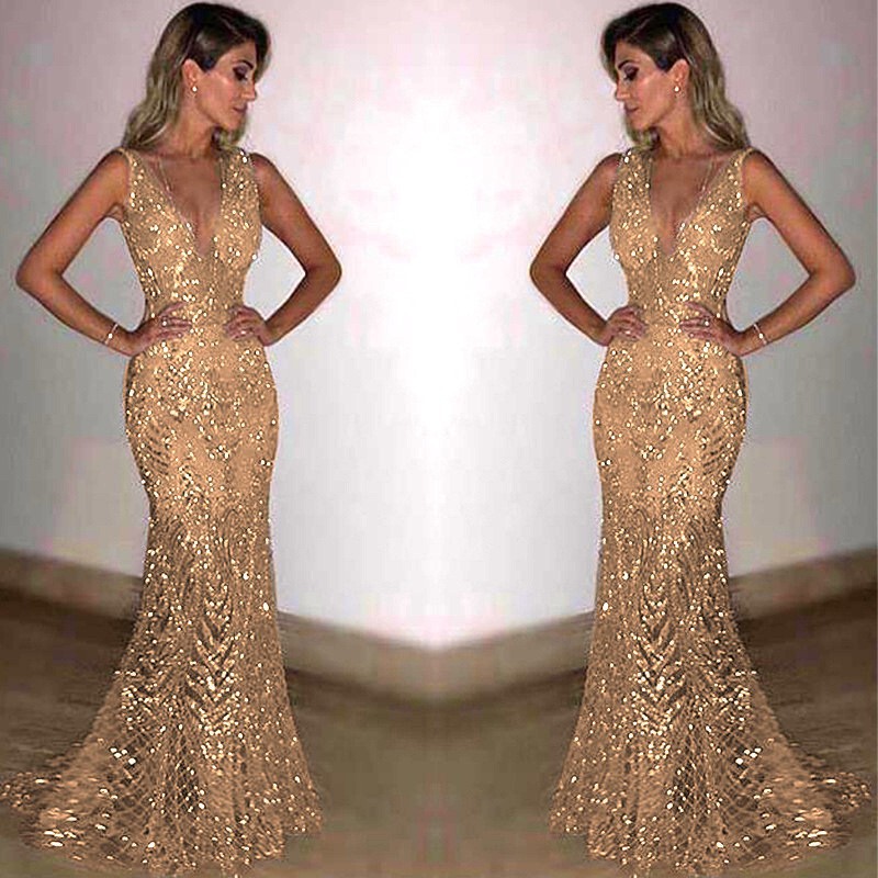 European and American Cross-Border Summer New Women's Fashion Sleeveless Sexy Long Deep V Sequin Dress for Annual Party European and American Cross-Border Summer New Women's Fashion Sleeveless Sexy Long Deep V Sequin Dress for Annual Party