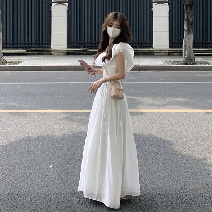 French Gentle One-Shoulder Dress for Women, Summer Vacation Style, First Love Little White Dress, Waist Slimming Look, Backless Long Dress French Gentle One-Shoulder Dress for Women, Summer Vacation Style, First Love Little White Dress, Waist Slimming Look, Backless Long Dress