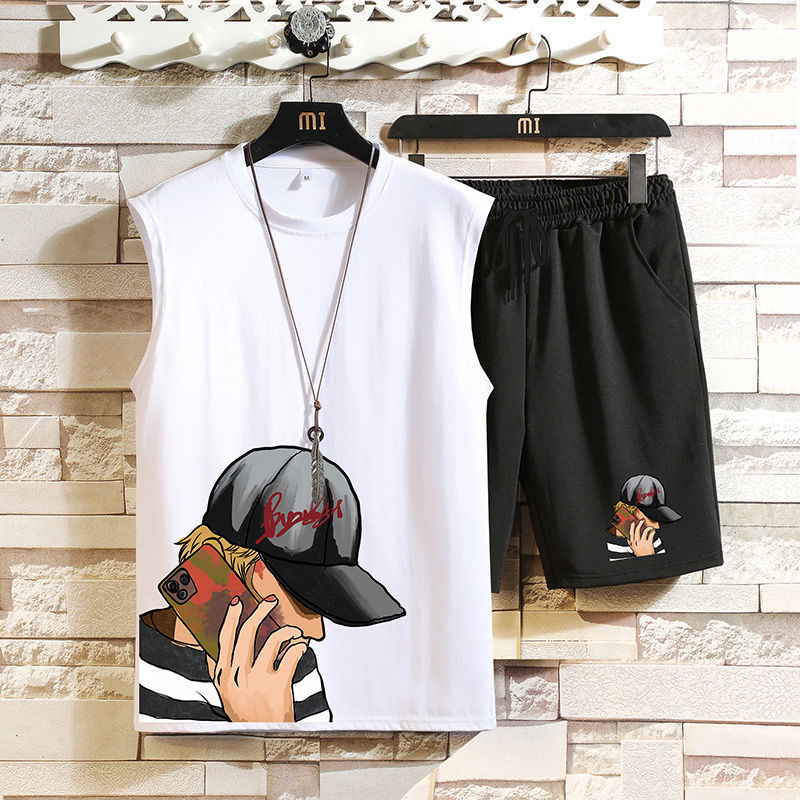 Deportes y ocio hombres traje de verano nueva juventud suelta más cuello redondo chaleco shorts set guapo partido