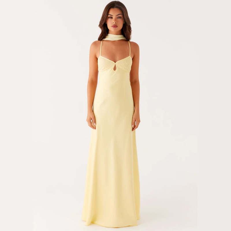 European and American Cross-Border 2025 New Women's Elegant V Neck Strapless Backless Dress Long Classy Satin Dress for Women