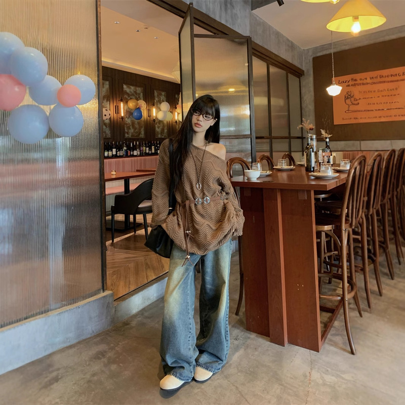 2025 slant shoulder horn sleeve sweater long lazy spring sweater sweater oversize trend all-match