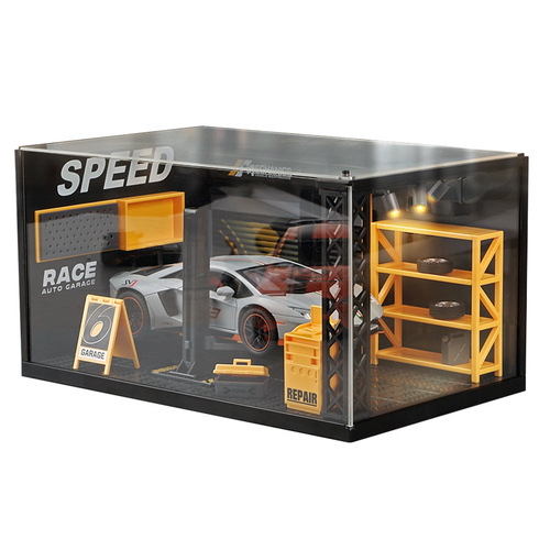 Cross-border 1/24 maintenance store scene model alloy car display box with light, acrylic anti-dust box DIY toy