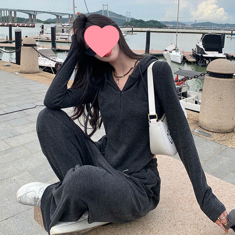 初秋显瘦时髦休闲女春秋冬连帽修身上衣阔腿裤宽松运动服两件套装|undefined