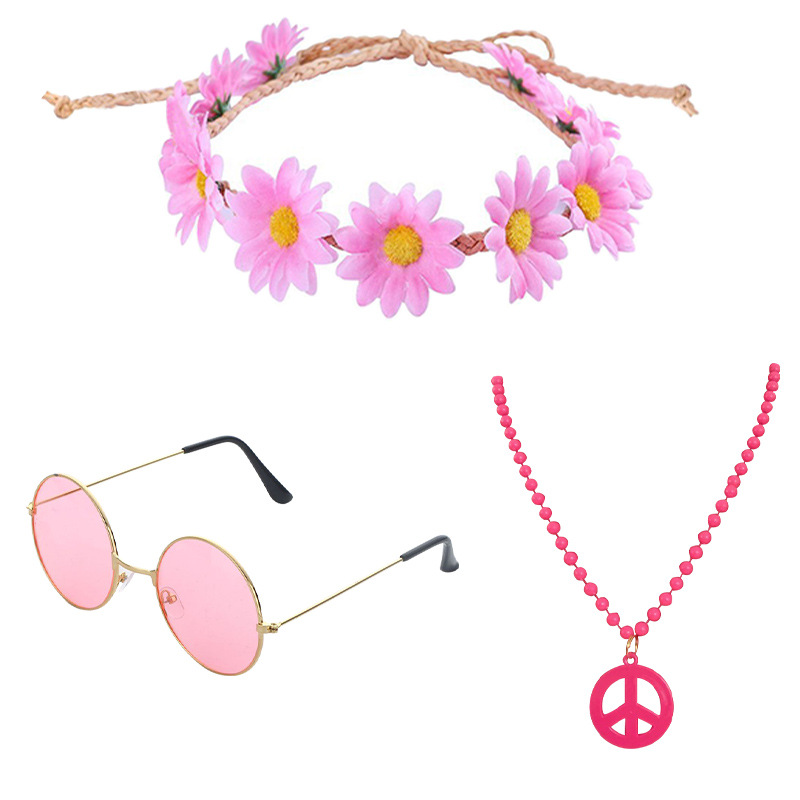 Accesorios de vestir hippies de la década de 1960, diadema de girasol, gafas redondas, conjunto de aretes de collar de talismán de paz