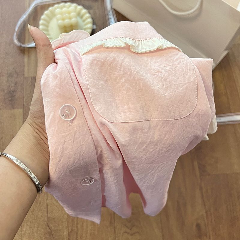 Venta al por mayor transfronteriza verano nuevo estilo nube cardigan de algodón estilo simple pantalones cortos de manga corta pijamas de encaje traje de servicio a domicilio para mujer
