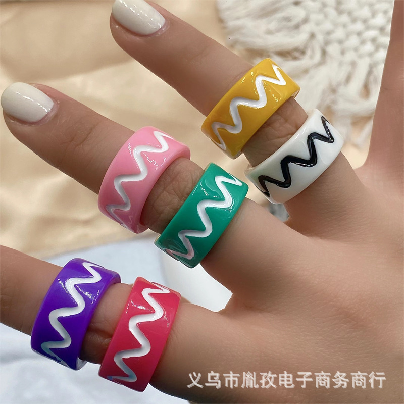 Nueva Corea del Sur ins estilo nicho personalidad onda línea hecha a mano pintura al aceite pintado resina anillo transfronterizo