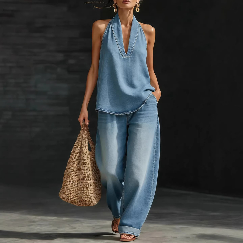 2026 Autumn New Women's Fashion European and American Style Suit with Turn-Down Collar, Vintage Buttoned Denim Top and Wide-Leg Jeans