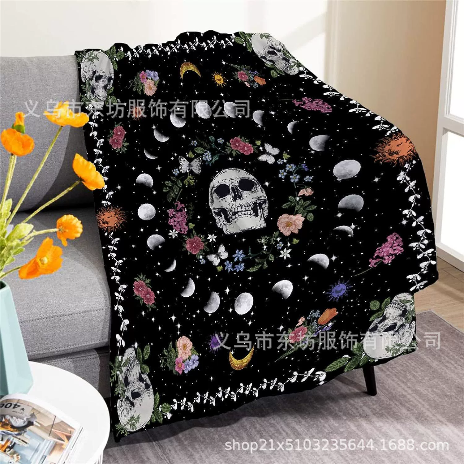 Растительное одеяло с натуральным черепом и луной, фланелевое одеяло из микрофибры, легкое сверхмягкое удобное одеяло