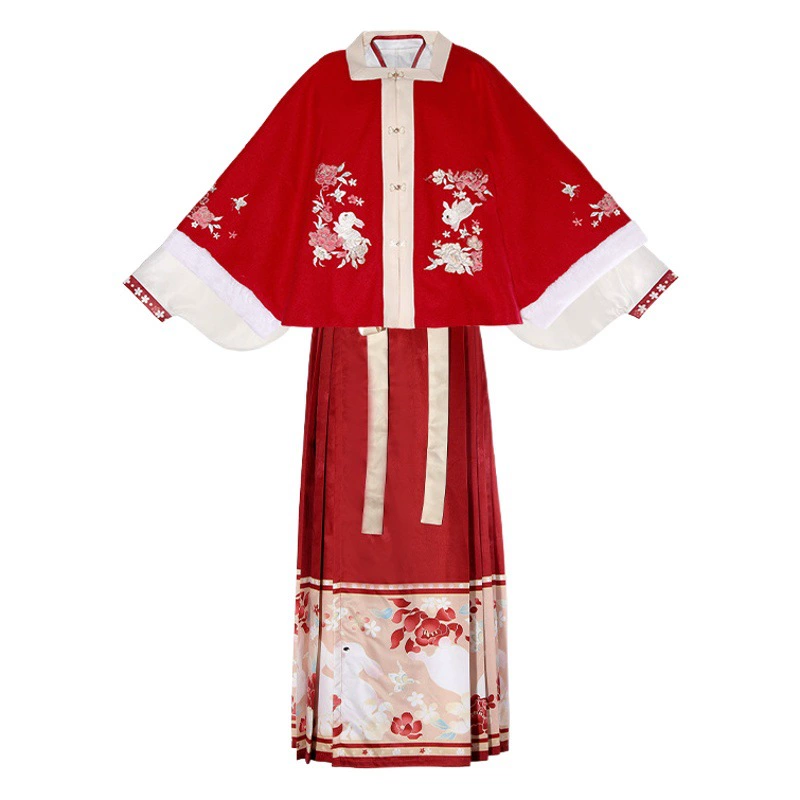 Зимнее женское Новогоднее платье ханьфу на флисовой подкладке для взрослых, изготовленное по методу Мин, утолщенное Новогоднее платье в китайском стиле, новогоднее Новогоднее поздравительное платье с кроликом полный комплект