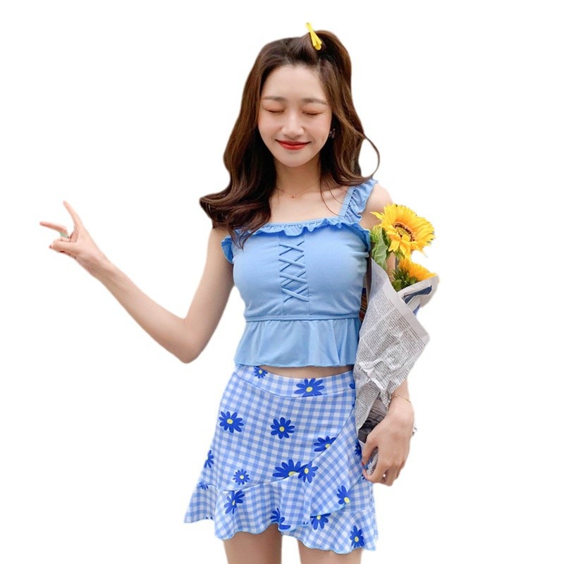 Traje de baño de dos piezas conservador boxer falda traje de baño de dos piezas chica moda pequeño traje de baño de aguas termales frescas al por mayor