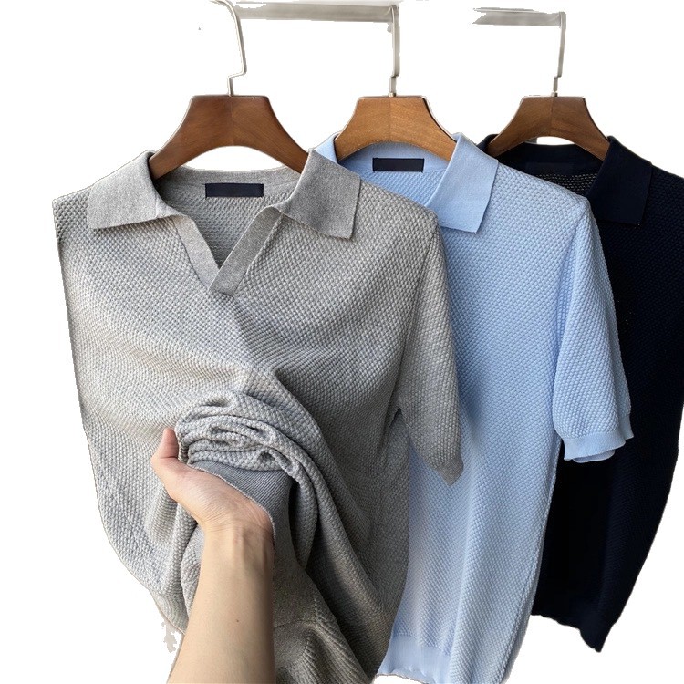 2025 primavera y verano nuevo estilo americano estilo perezoso suéter de punto ligero para hombre, camisa POLO de manga corta con solapa guapa