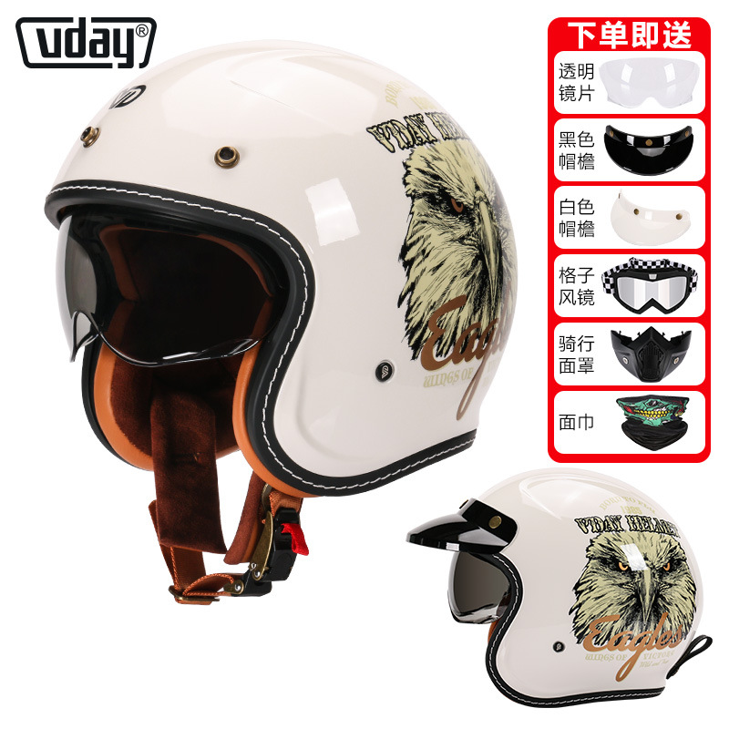 Motorcycle Helmet, Motuoche Motosiklet kaskı (dəbilqə) - va-1-gloss-white-eagle-head-gift-visor-brim-black-goggles-mask-scarf-m-53-54cm