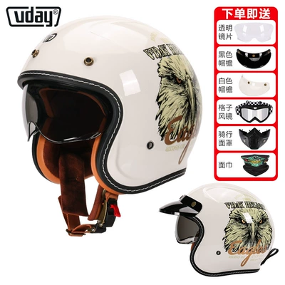 Half Helmet for Men and Motosiklet kaskı (dəbilqə) - va-1-bright-white-eagle-head-comes-with-lenses-brim-black-goggles-mask-face-towel-m-head-circumference-53-54cm