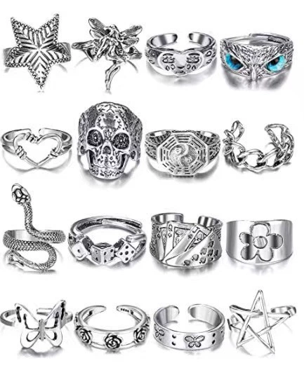 Retro Adjustable Ring Set, Punk Style, Alloy Electroplated, 16-Piece Mix (Adjustable)