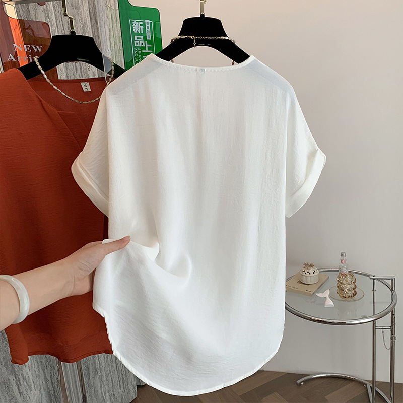ファットMM夏のユニークなシングルウェアカバーお腹右肩レトロVネック半袖Tシャツレディース夏ゆったり痩身シックトップ|undefined