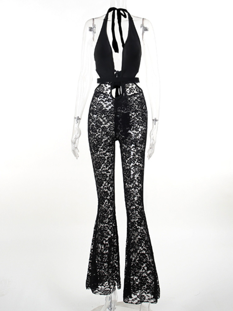 FY23420 Halter sexy halagador de pecho hueco Perspectiva de encaje micro-pull pantalones de una pieza europea y americana transfronteriza nueva ropa de mujer image 8