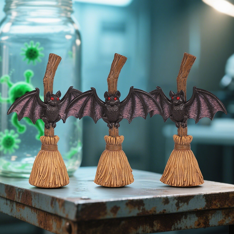 Overseas Hot-Selling Halloween Broom Bat Resin Ornaments Home Desktop Holiday Props Decoration Small Ornaments