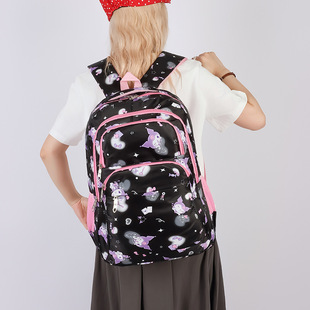 Junior High School Student Schoolbag Large Capacity Kuromi Printed Multi-Layer Backpack Waterproof Nylon Cloth Versatile Travel Backpack