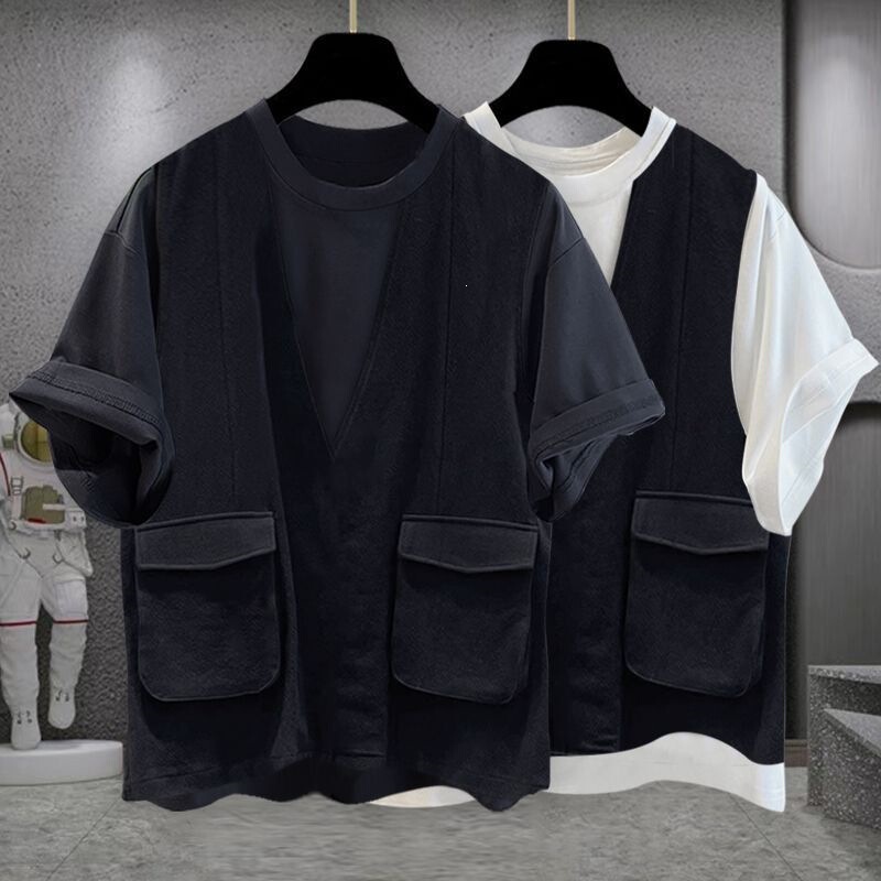 Plus-Size Oversized 150kg Workwear Pocket T-Shirt Short-Sleeve Men's Trendy Brand Cool Design Fake Two-Piece Top Summer Plus-Size Oversized 150kg Workwear Pocket T-Shirt Short-Sleeve Men's Trendy Brand Cool Design Fake Two-Piece Top Summer
