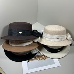 仙女风手工飘带蝴蝶结装饰纯羊毛平顶帽女时尚百搭显脸小礼帽毡帽
