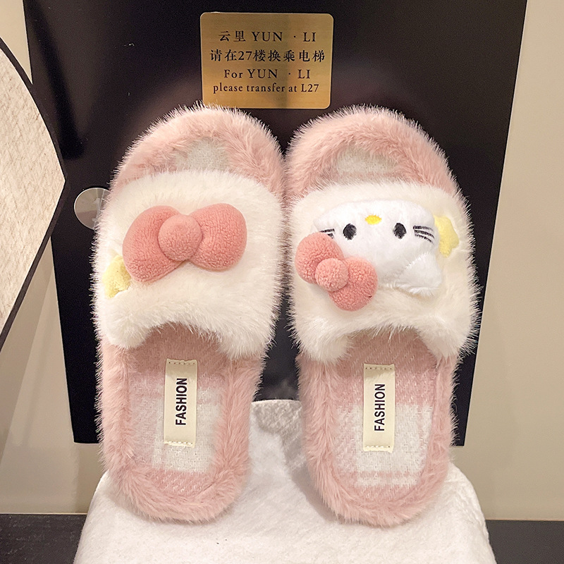 Coreana encantadora zapatillas de peluche de dibujos animados mujeres invierno / otoño gatos arco zapatillas caseras zapatillas de peluche caliente antideslizante