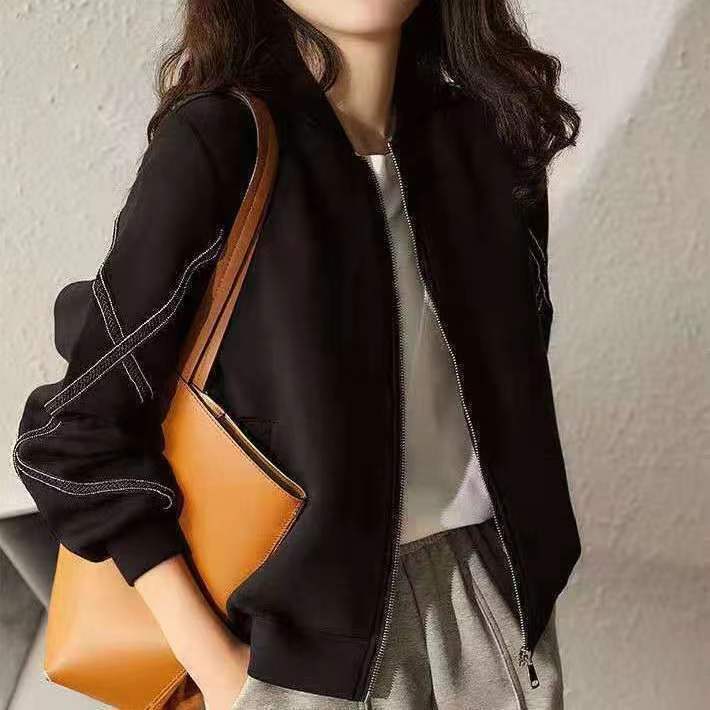 港风棒球服夹克黑色外套女大码显瘦女装2025秋季新款开衫拉链外套|undefined