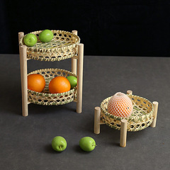 雙層竹編果籃茶點籃糕點籃單層木架籃乾果盤家用茶點盤手工水果盤