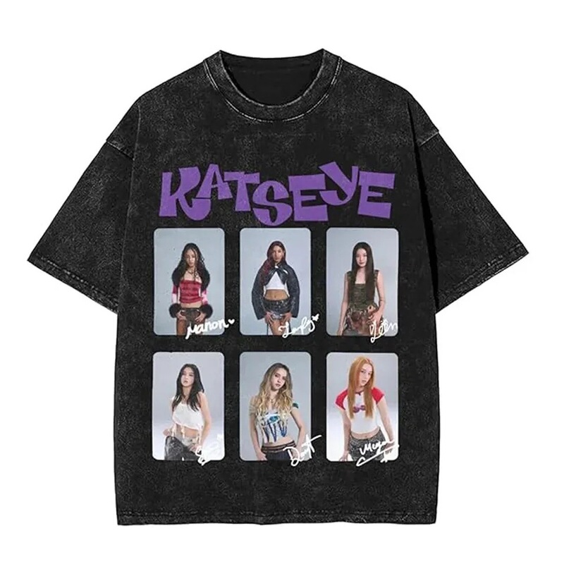 [Cross-Border 230g] Washed T-Shirt Katseye Beautiful Chaos Tracklist Mineral T-Shirt Kats