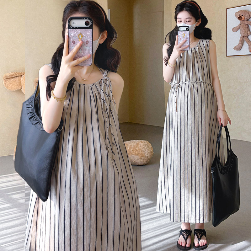 Maternity Dress Summer New Style Loose A-Line Sleeveless Mid-Length Striped Cotton and Linen Maternity Dress