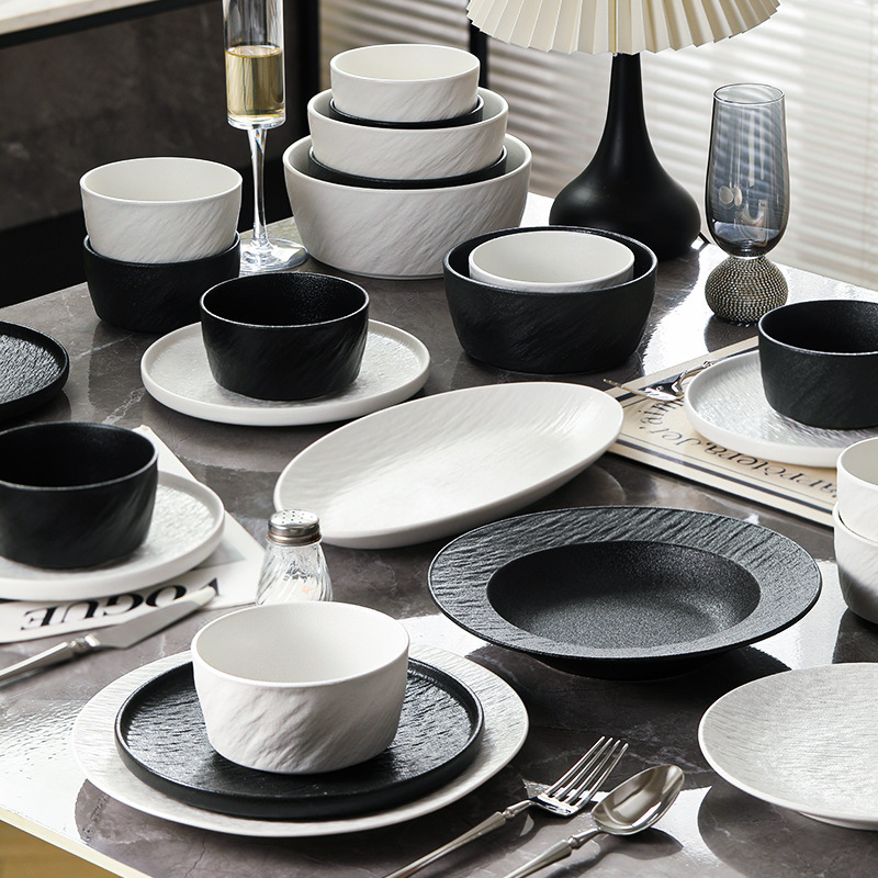 Black and White Slate Rice Bowls, Plates, Noodle Bowls, Chopsticks, High-Looking Ceramic Tableware, Jingdezhen Household Dishes Set, Optional