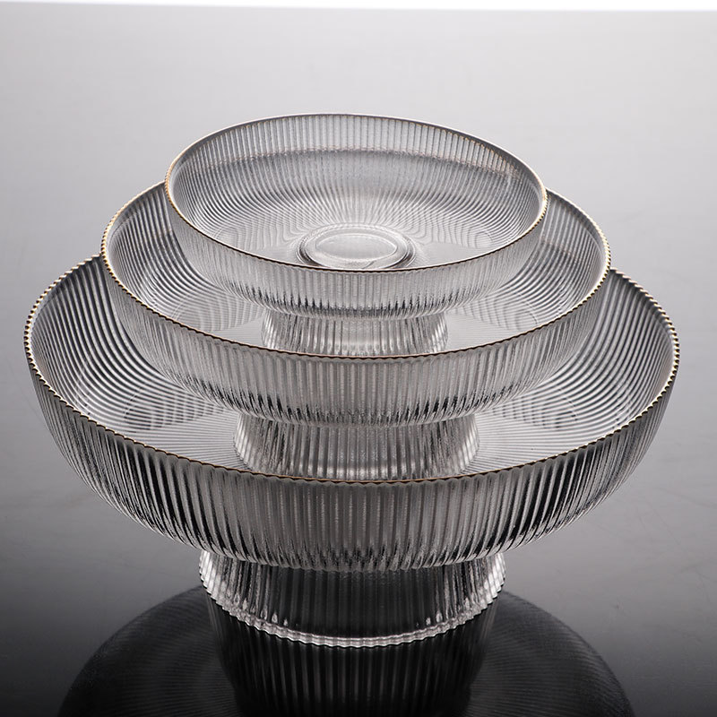 High-End Vertical-Striped Tall Glass Fruit Plate, Household Snack and Cake Tray, Three-Piece Set of Glass Tableware