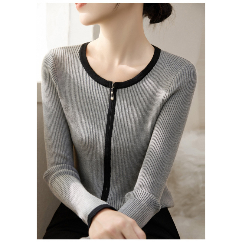 2025 nuevo diseño transfronterizo de cremallera de cuello redondo chaqueta de punto de camisa corta de mujer color corto cardigan de manga larga suéter