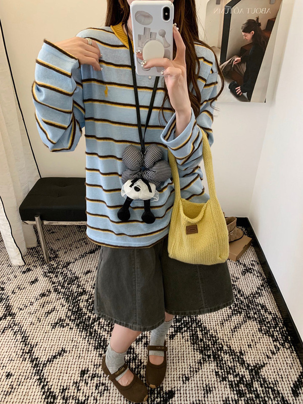 韩系撞色条纹长袖T恤女2025早秋新款宽松休闲显瘦慵懒风打底衫|undefined