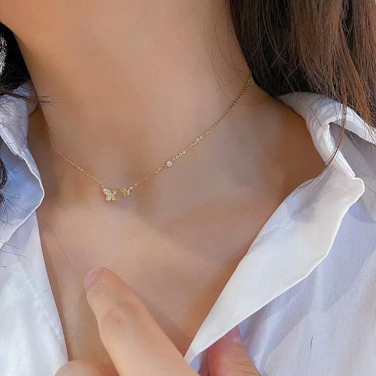 S925纯银双蝴蝶项链镶钻镀18K金ins轻奢气质高级感跨境热卖新款