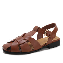 包头编织猪笼细带复古凉鞋新款圆头防滑粗跟一字扣罗马凉鞋J017-8