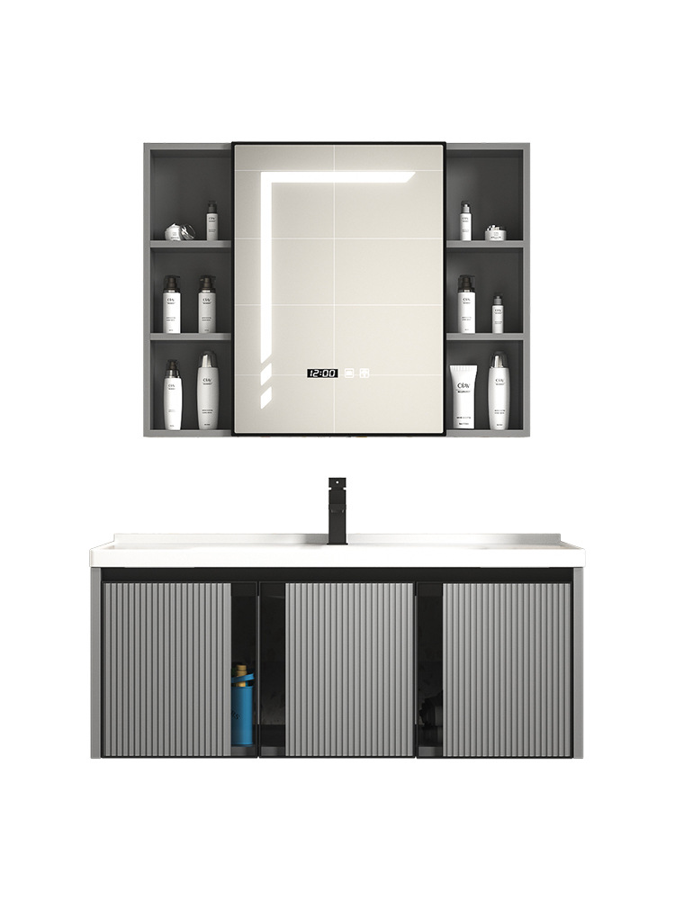 Moderno minimalista espacio gabinete de baño de aluminio espejo gabinete combinación baño lavabo integrado lavabo de cerámica mesa de lavado