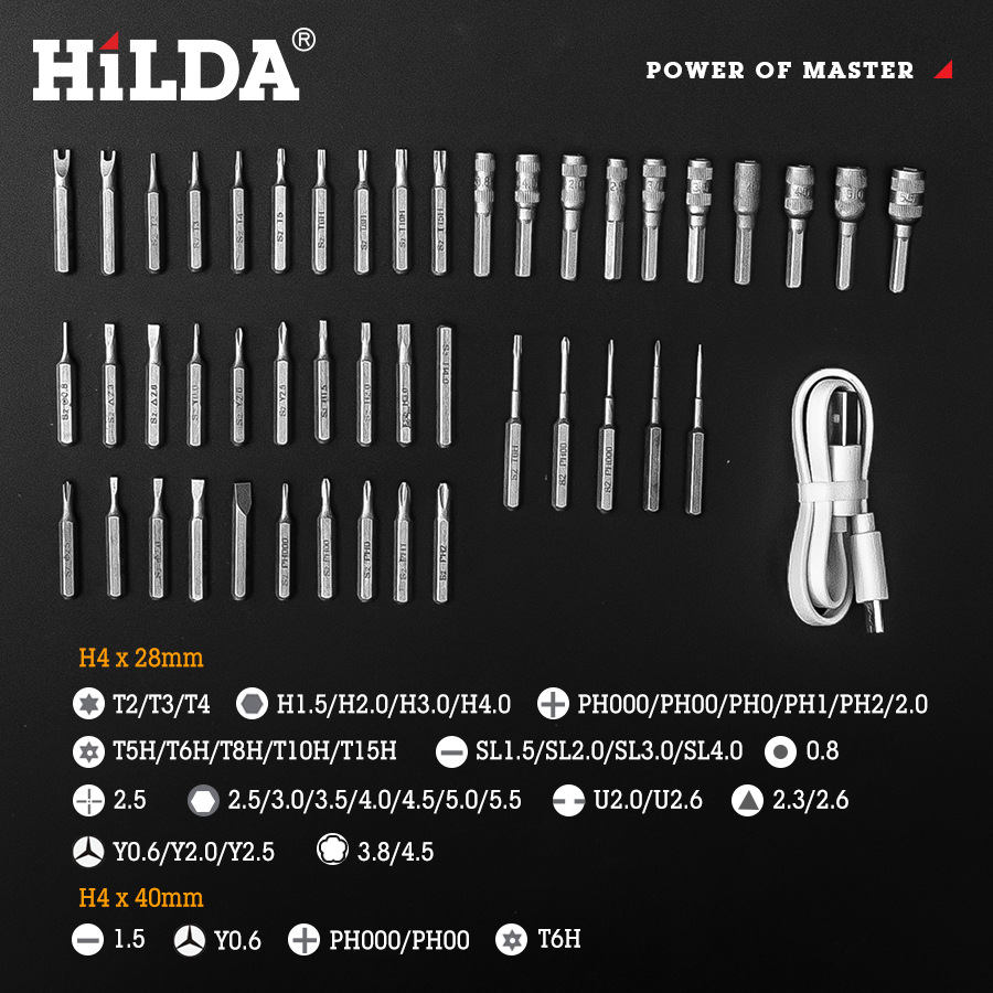 Hilda destornillador eléctrico recargable doméstico pequeño conjunto de tornillo multifuncional 48 en uno