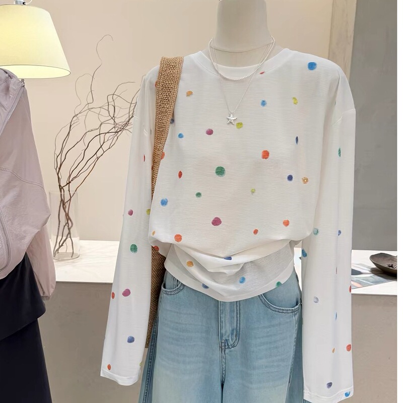 Colorful Polka Dot Snowflake Cotton Long-Sleeved T-Shirt for Women, New Spring and Summer Style, Loose and Slimming, Sun Protection Cover-Up, Fashionable and Age-Reducing Top