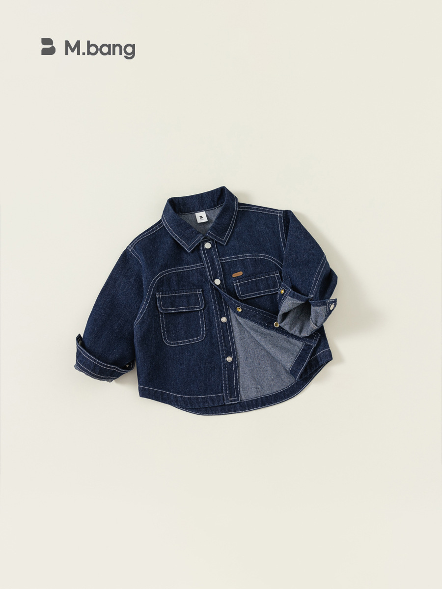 Ropa infantil Bangxuan, chaqueta para niños, camisa con costuras decorativas y cuello vuelto, ropa de mezclilla de manga larga para primavera y otoño, top para niñas