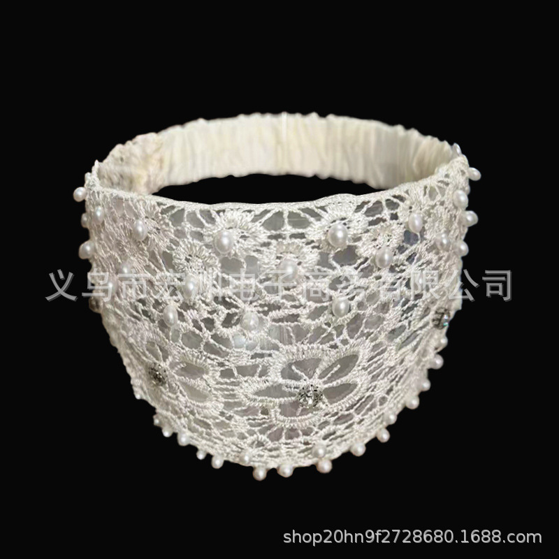 Correa para el cabello con cuentas transfronterizas, cuello blanco hueco, transpirable, encaje, capucha de ala ancha, capucha, capucha, capucha, protección frontal, diadema, cabello