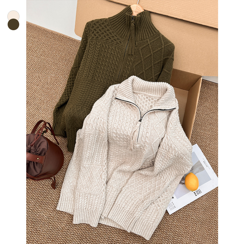 Plus Vintage Twist Knit Winter Stand Collar Half-Zip Thick Loose Lazy Style Knitwear with Rabbit Fur and Merino Wool